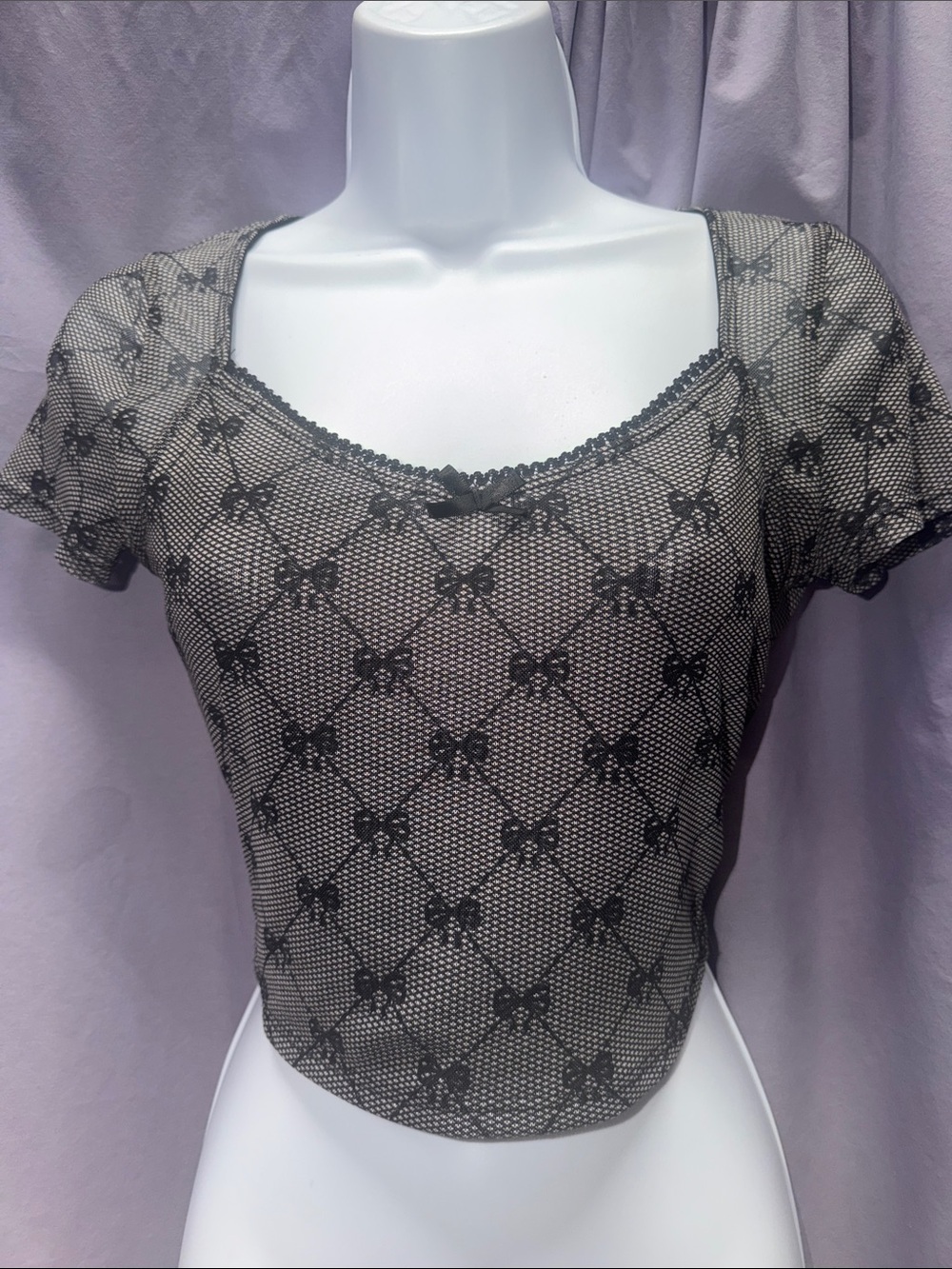 Sheer Black Bow-Print Crop Top